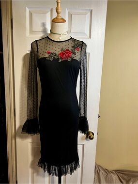 Alexia Admor Wms Black Sheer Mesh Ruffle Swiss Dots Floral Appliqué Midi Dress M
